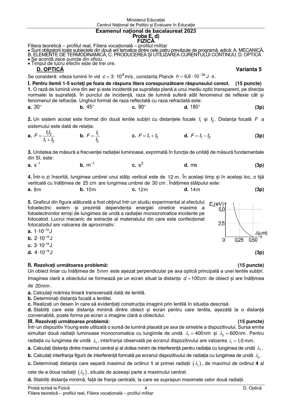 Pagina 2 din BAC Fizică (Curent continuu + Optică) - iunie 2023 (Varianta 5)
