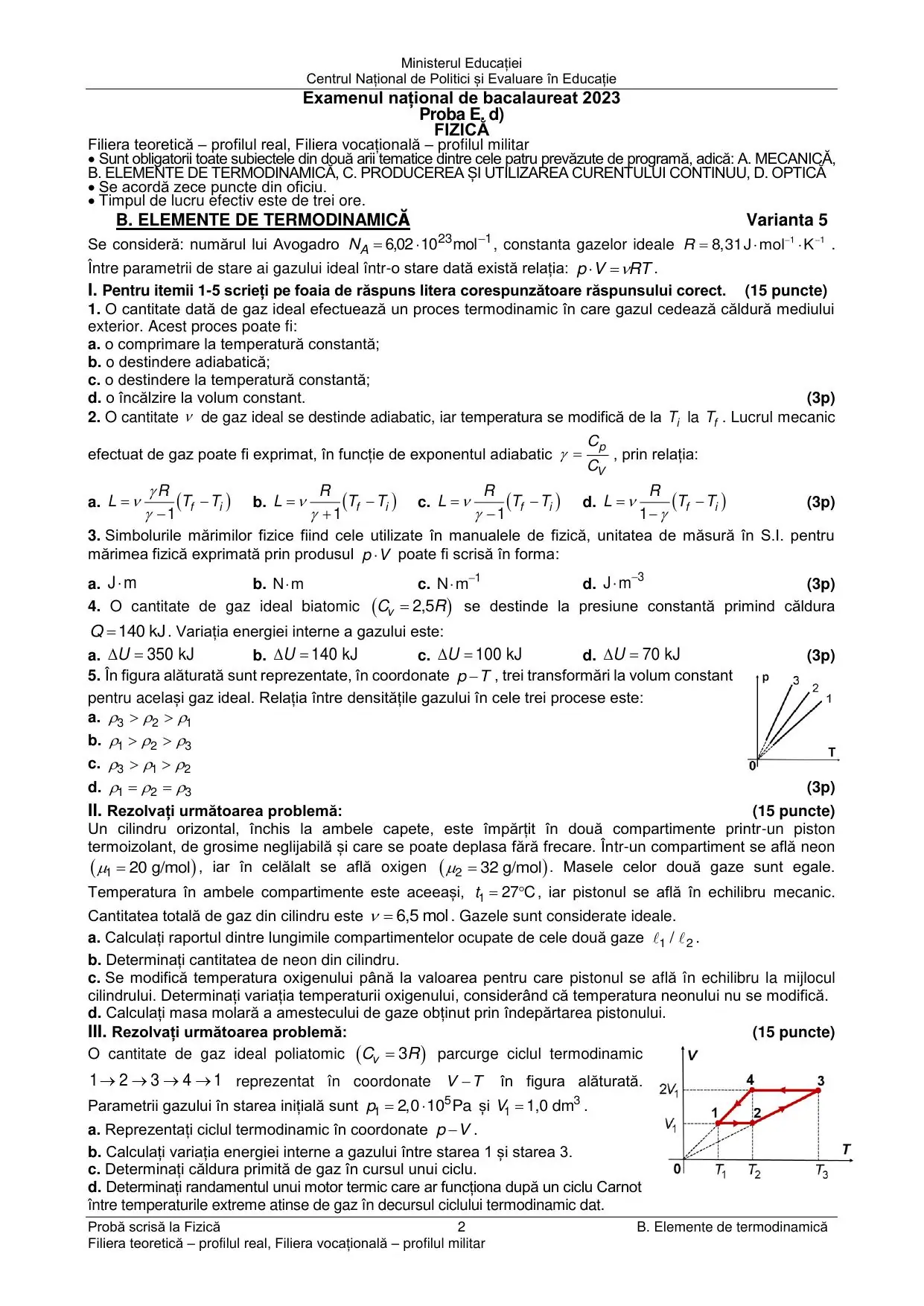 Pagina 2 din BAC Fizică (Mecanică + Termodinamică) - iunie 2023 (Varianta 5)