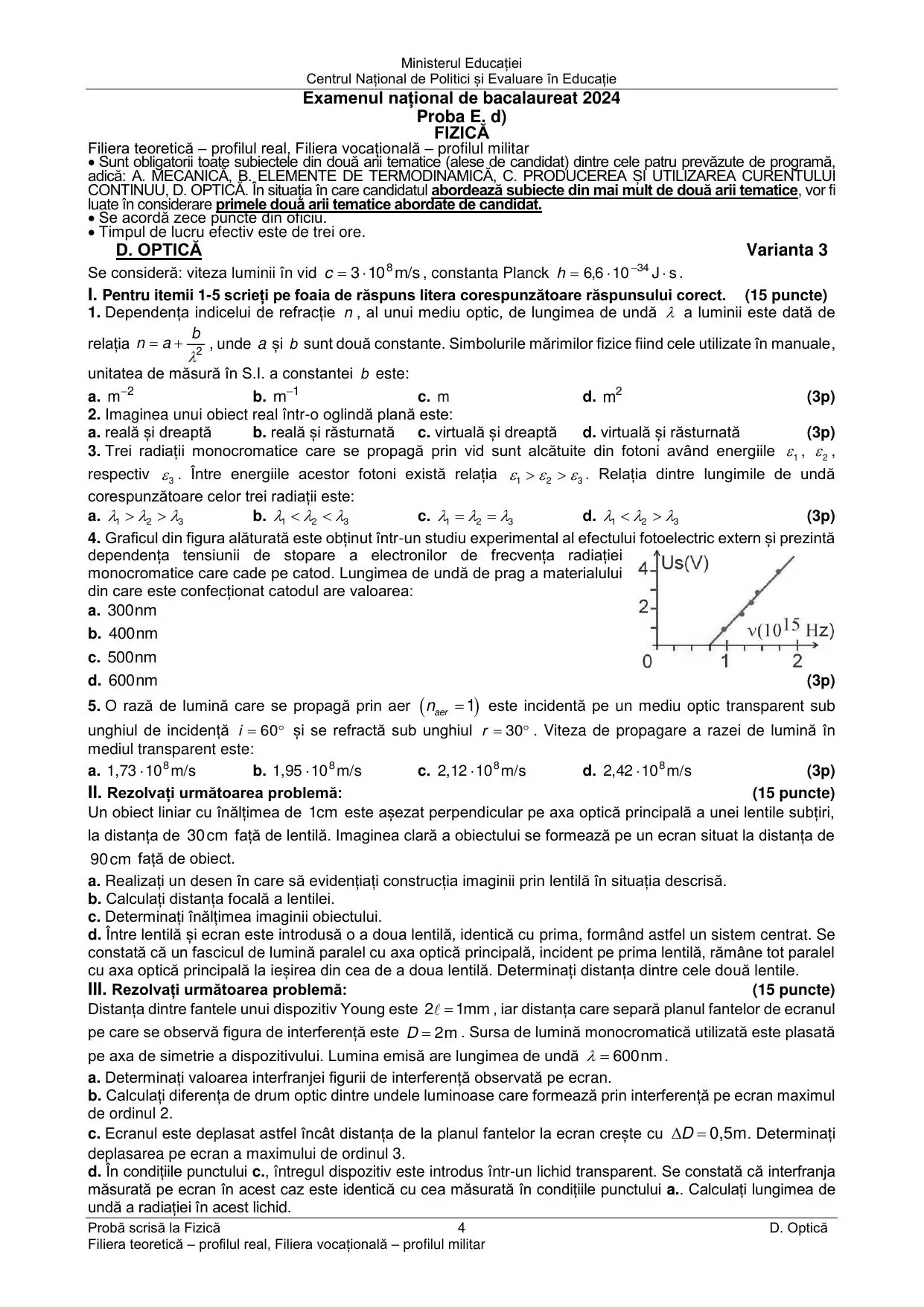 Pagina 2 din BAC Fizică (Curent continuu + Optică) - iunie 2024 (Varianta 3)