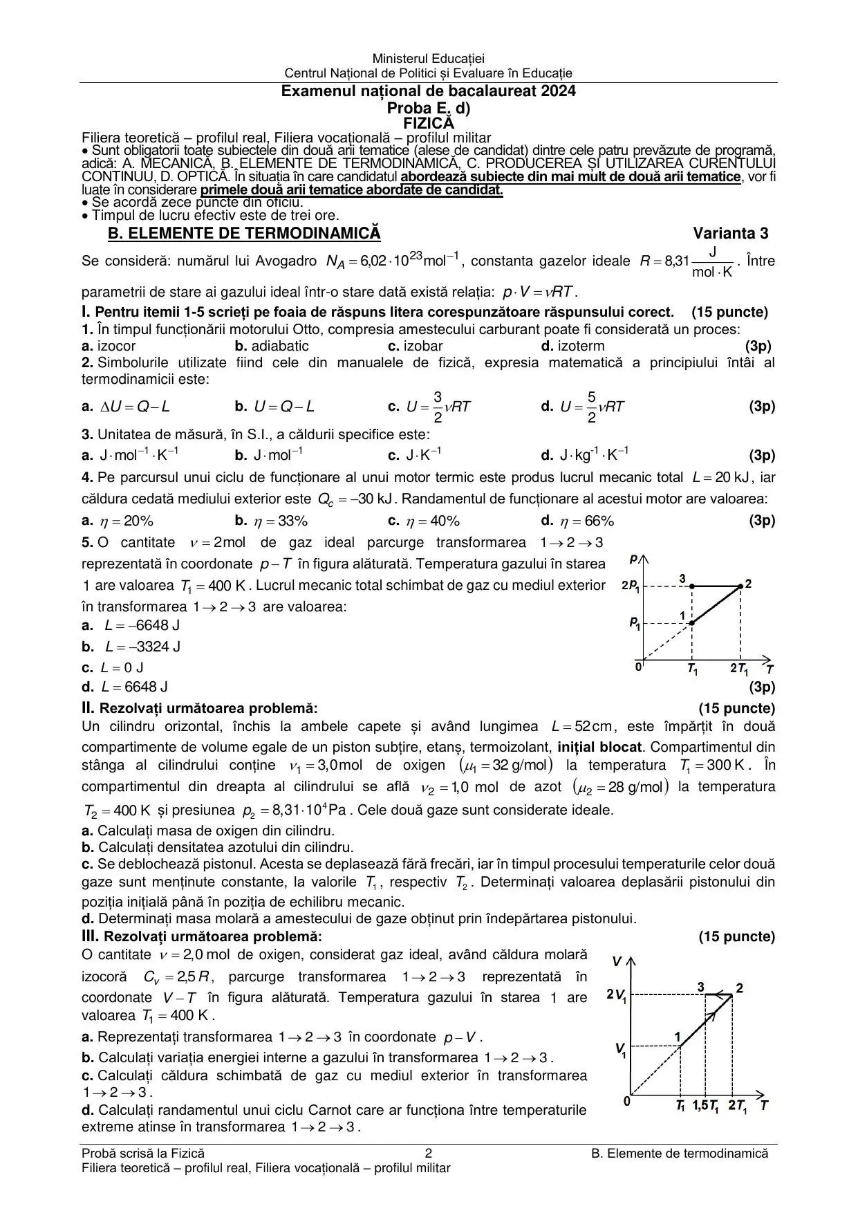 Pagina 2 din BAC Fizică (Mecanică + Termodinamică) - iunie 2024 (Varianta 3)