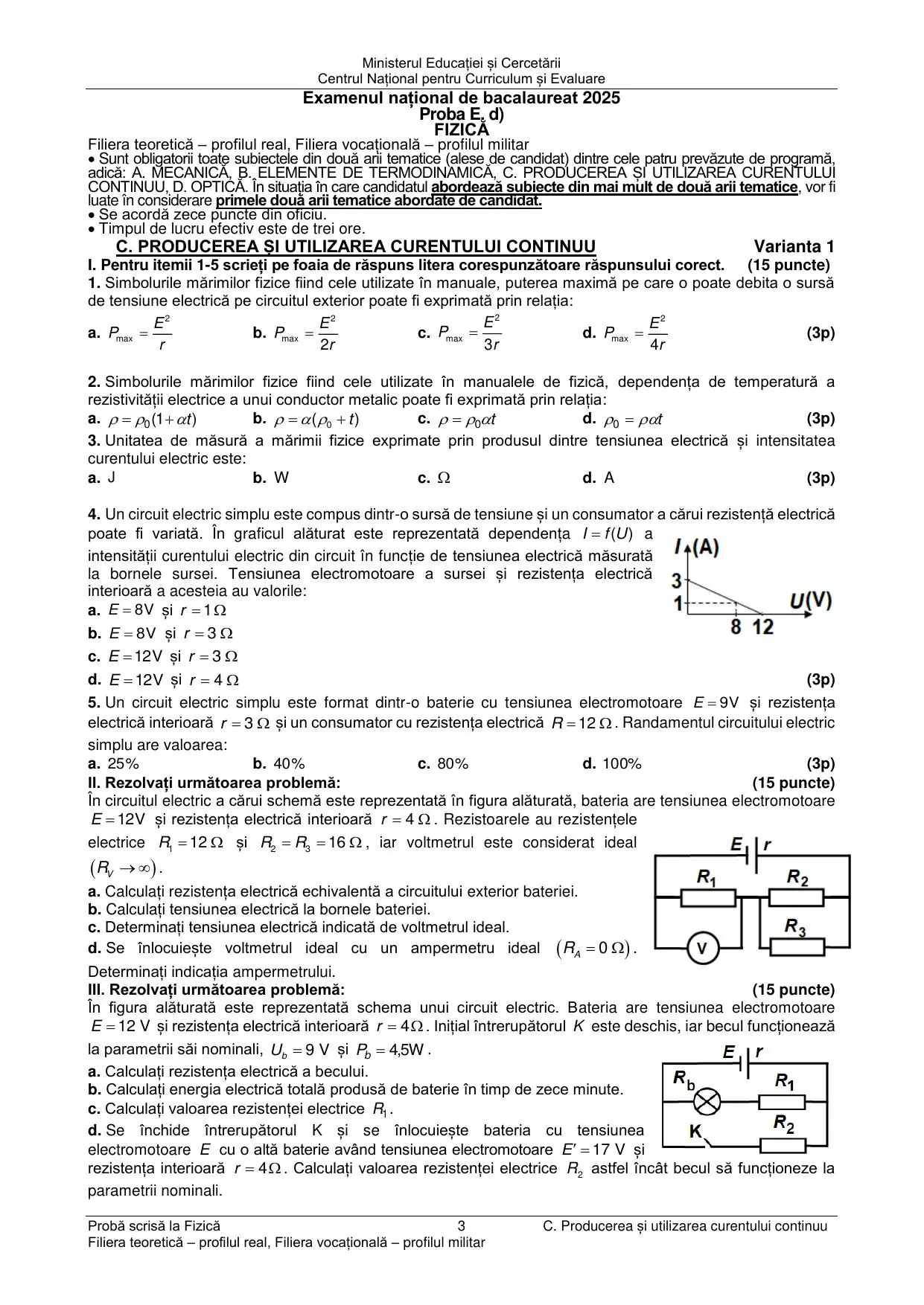 Pagina 1 din BAC Fizică (Curent continuu + Optică) - iunie 2025 (Varianta 1)