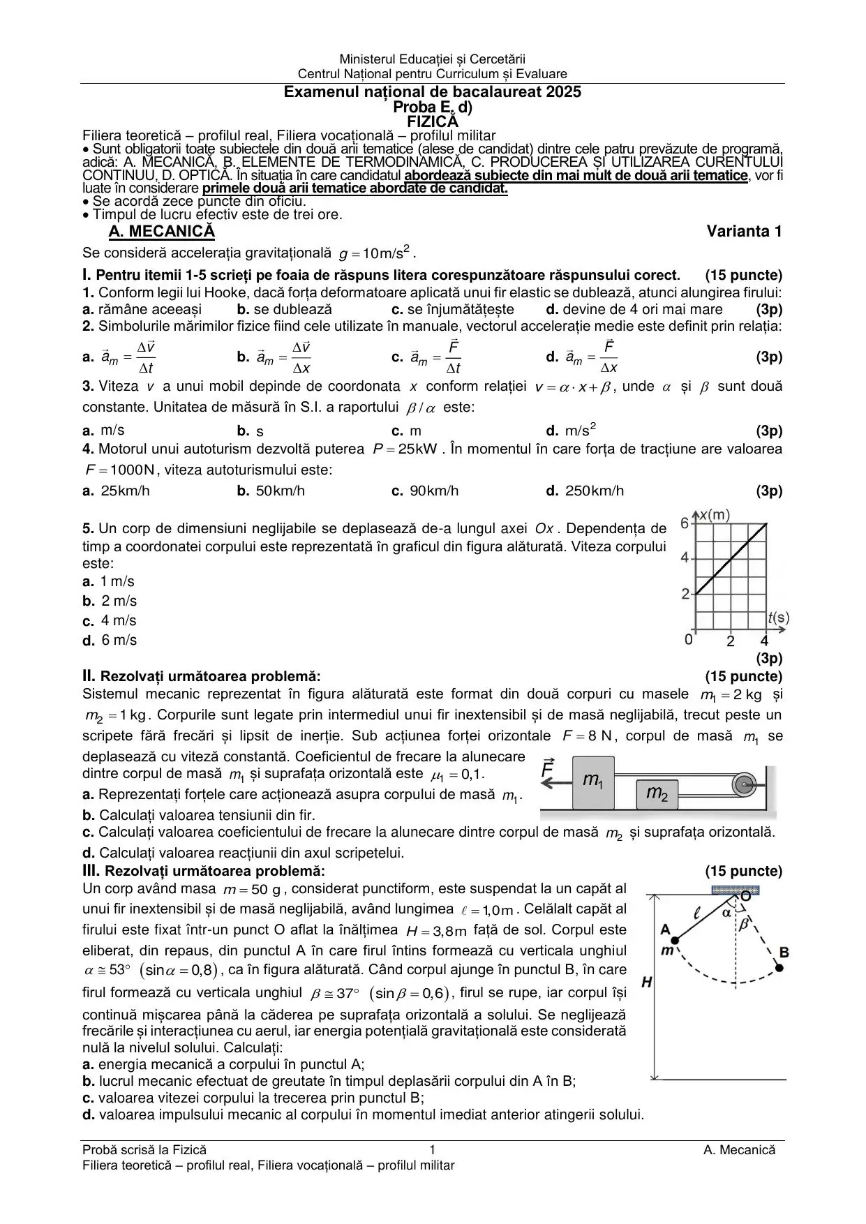 Pagina 1 din BAC Fizică (Mecanică + Termodinamică) - iunie 2025 (Varianta 1)