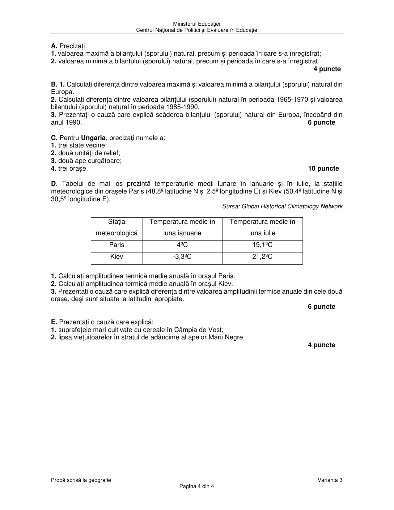 Pagina 4 din BAC Geografie - iunie 2024 (Varianta 3)