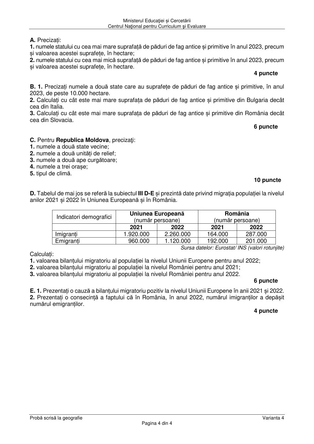 Pagina 4 din BAC Geografie - august 2025 (Varianta 4)