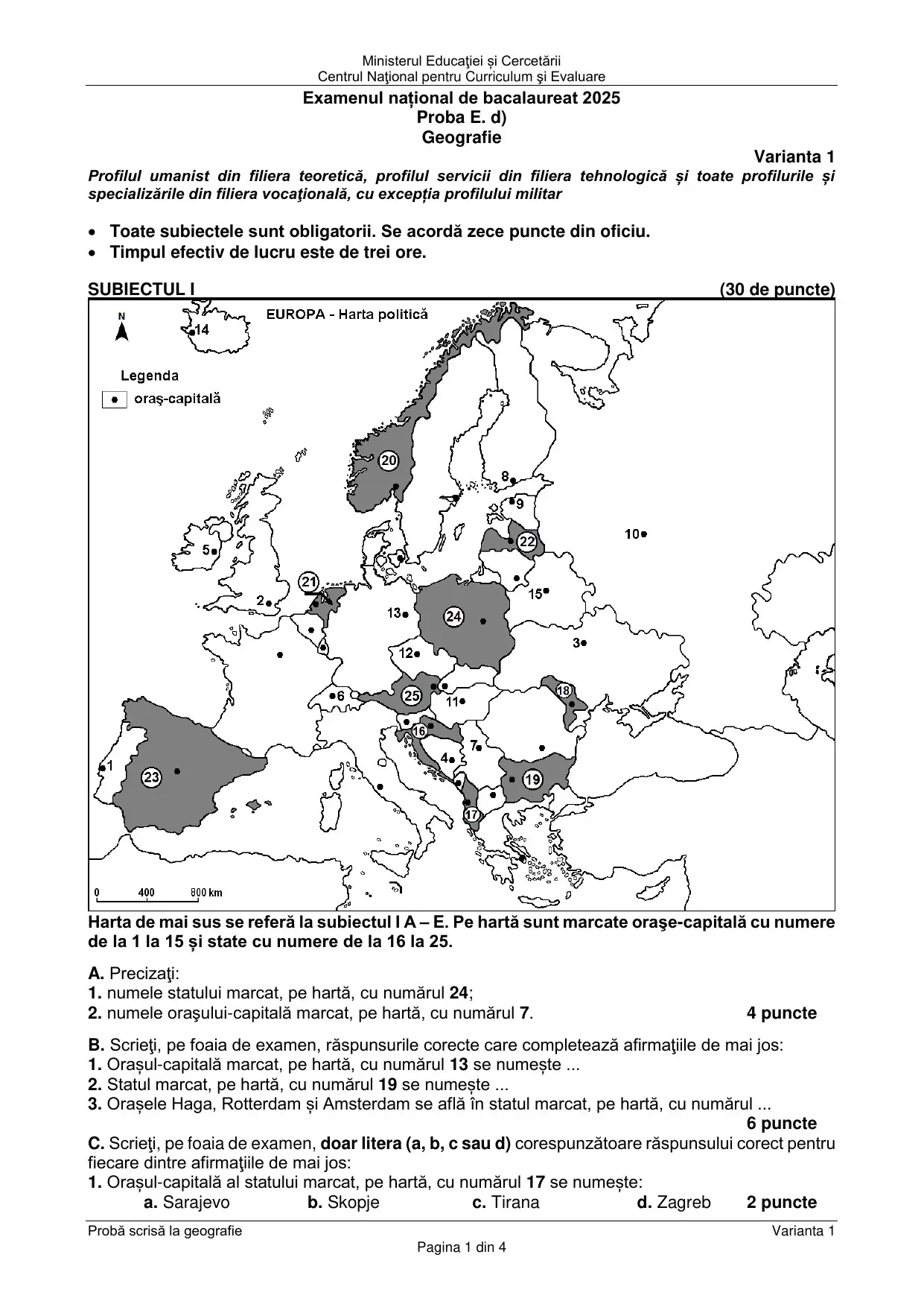 Pagina 1 din BAC Geografie - iunie 2025 (Varianta 1)