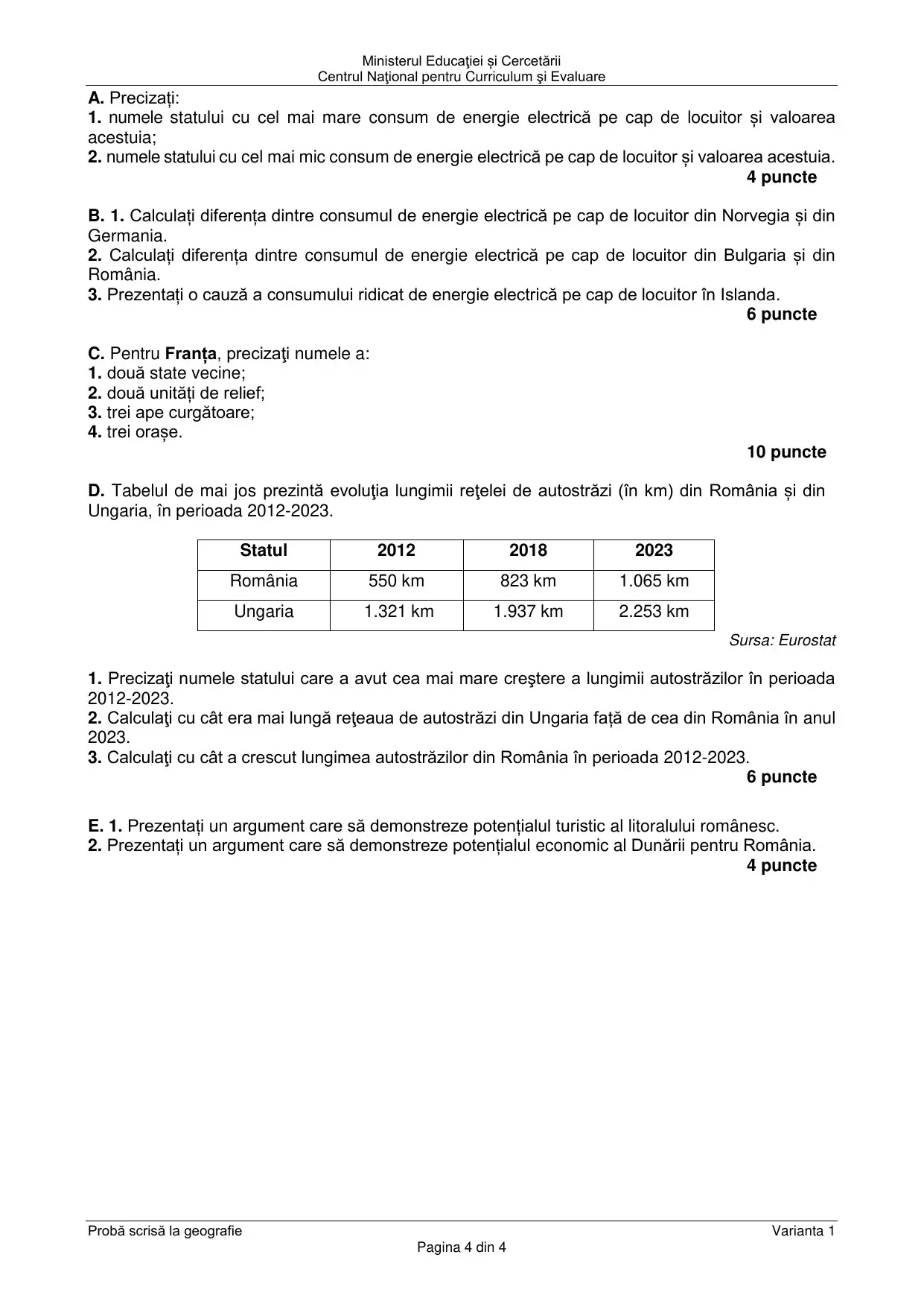 Pagina 4 din BAC Geografie - iunie 2025 (Varianta 1)